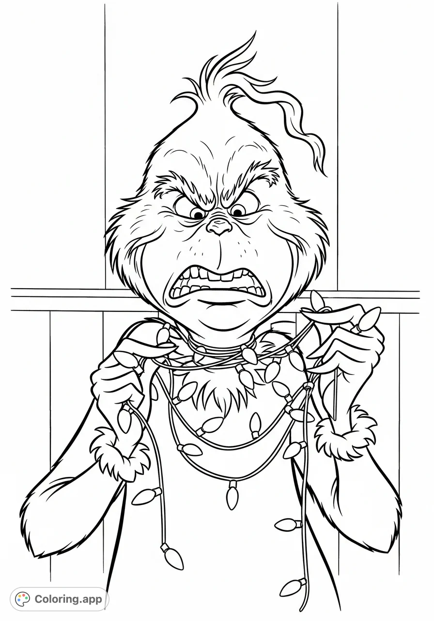 Capture the Grinch's iconic frustration as he battles a colossal tangle of holiday lights. A fun, detailed Grinch coloring page for all ages.