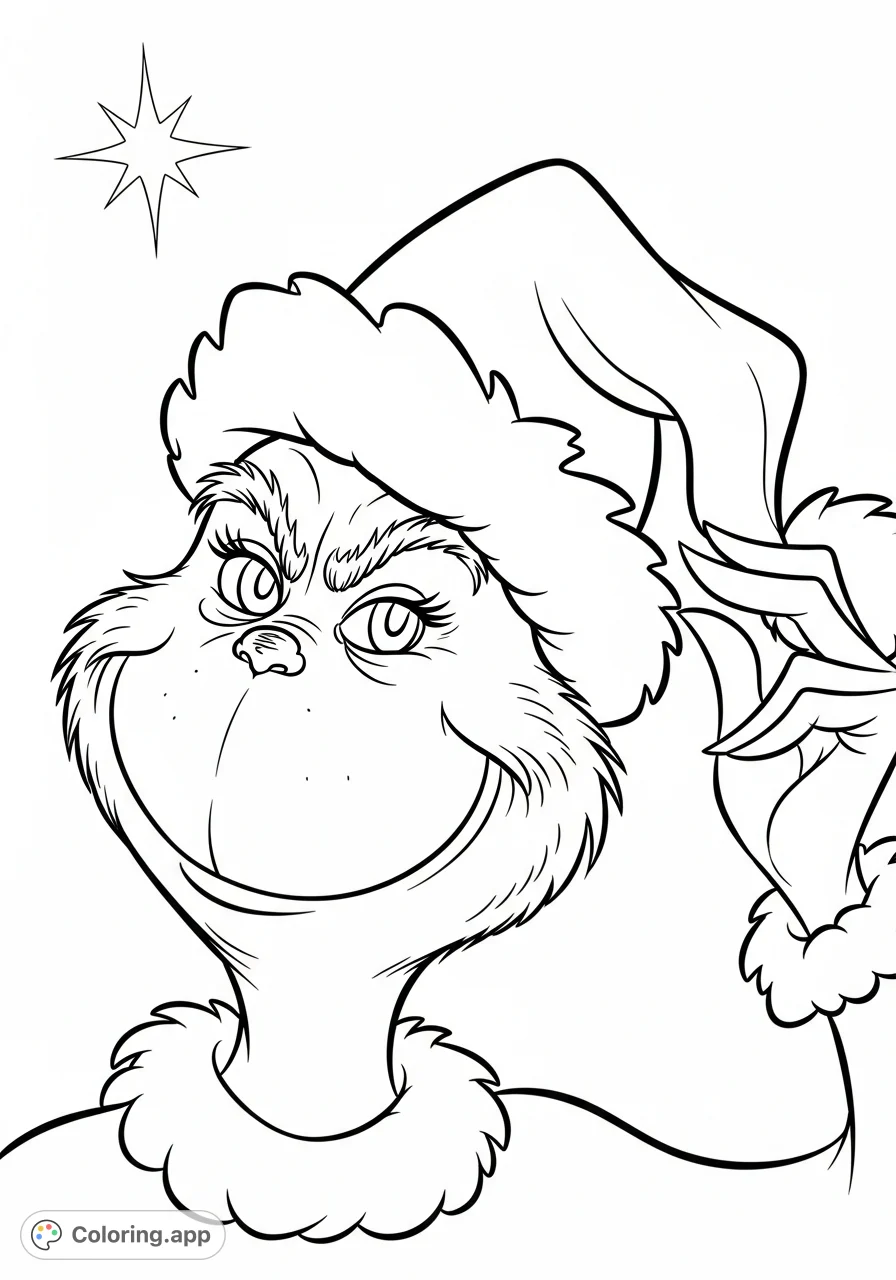 A festive Grinch in a Santa hat, casting a mischievous glance upward, with a glowing Christmas star accentuating the scene. Perfect for holiday fun!
