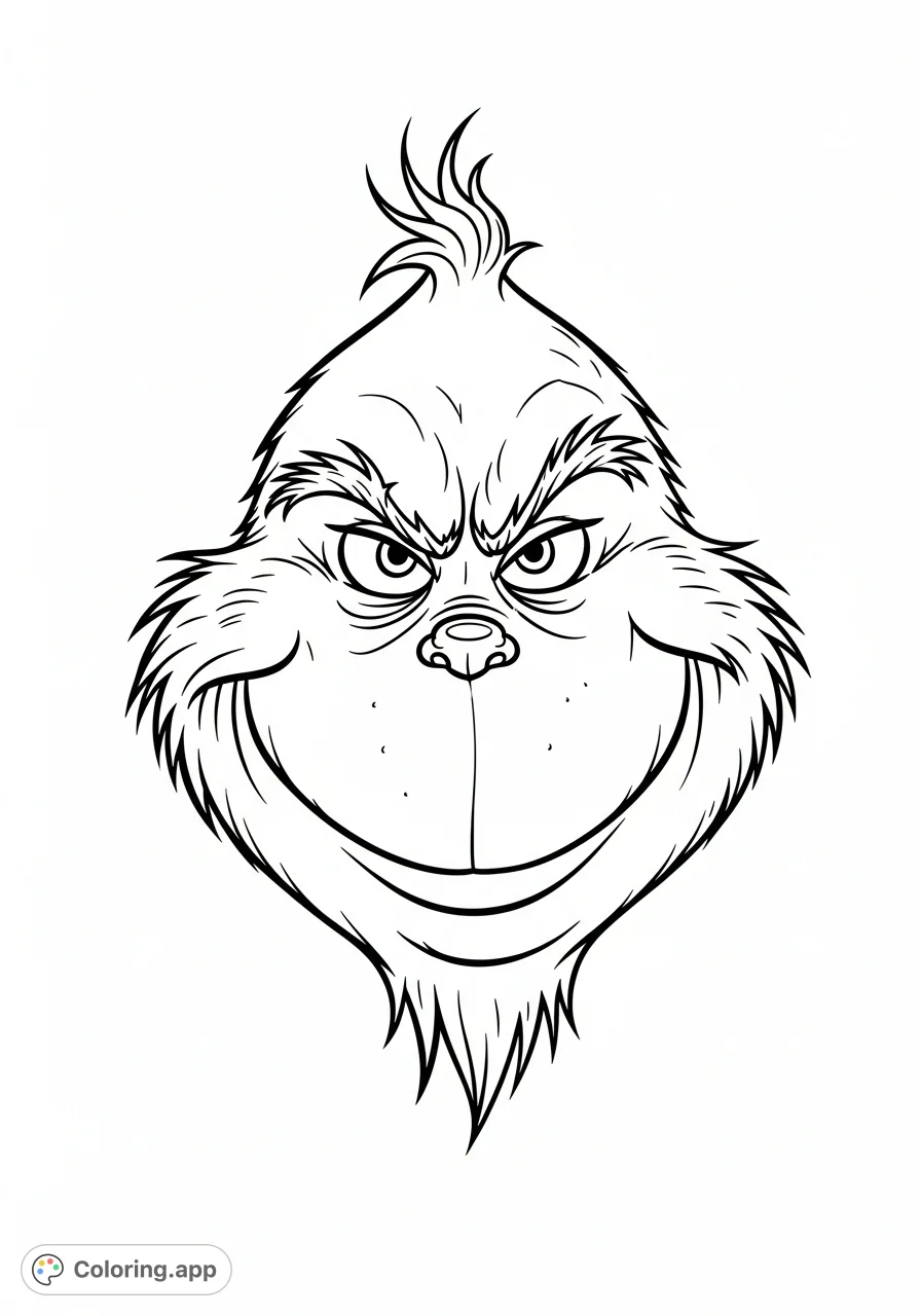 Capture the iconic, mischievous face of The Grinch with his signature squinting eyes, wide grin, and shaggy fur in this detailed portrait coloring page.
