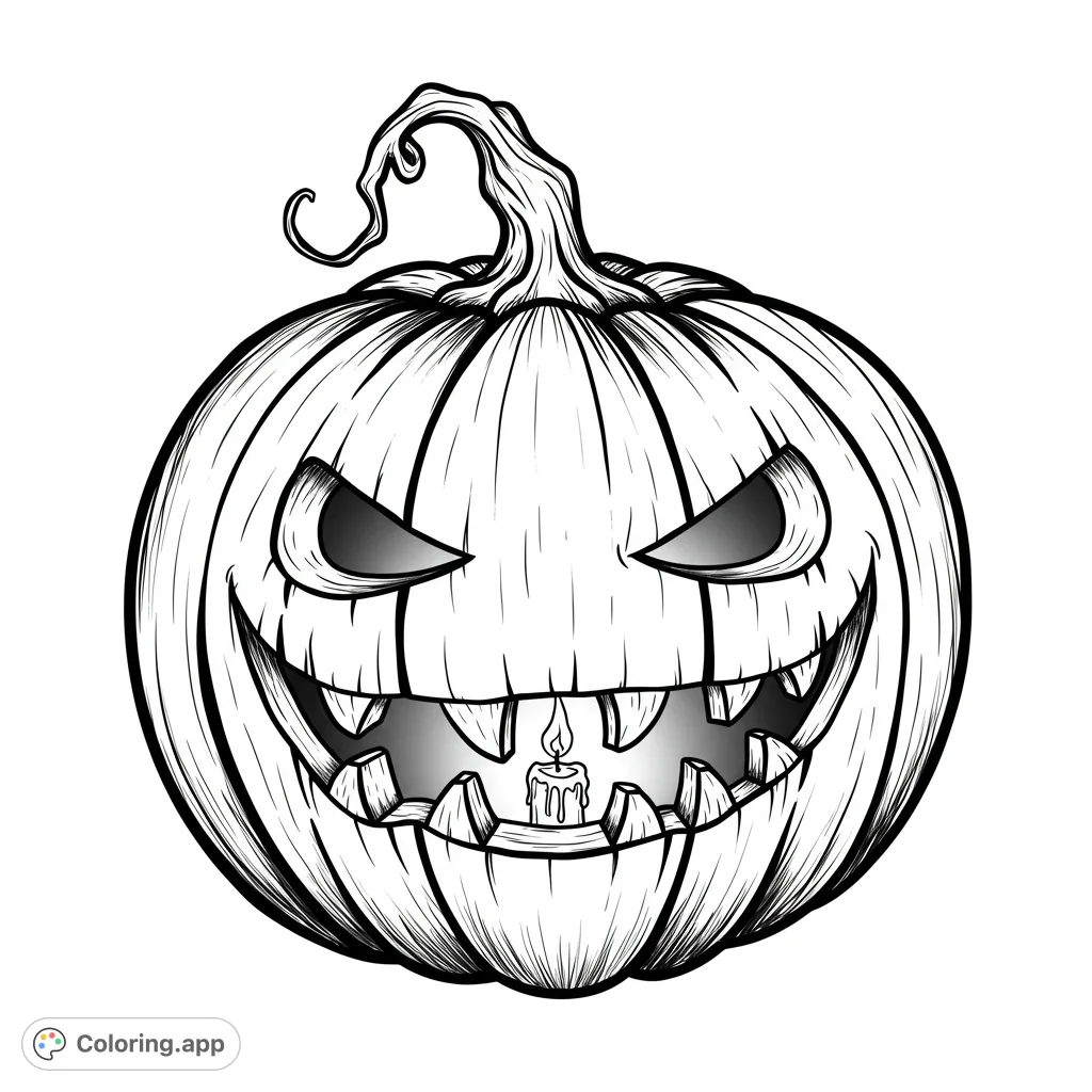 A spooky jack-o'-lantern with a wide, jagged grin and glowing eyes, perfect for Halloween fun. Free printable Halloween coloring page.