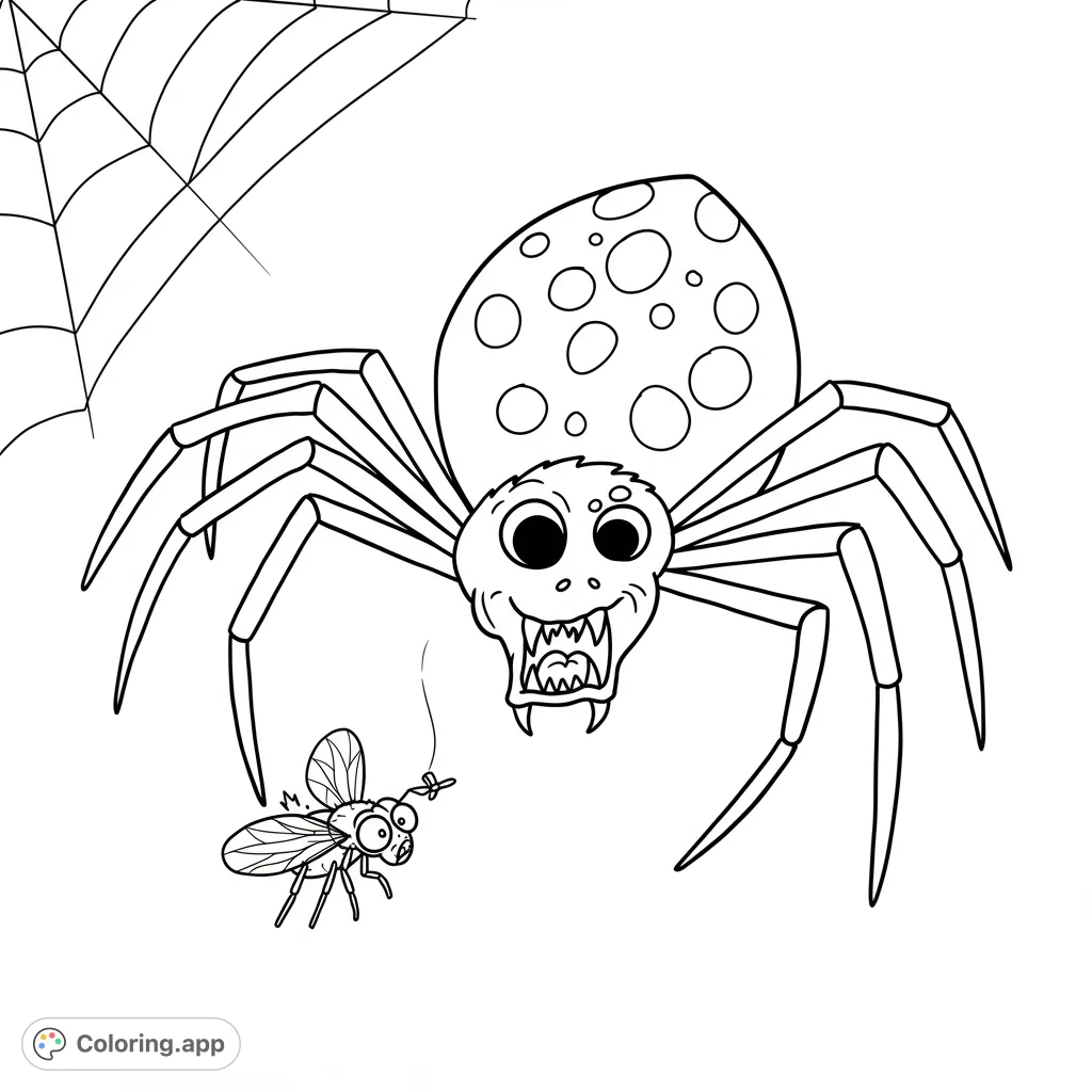 A fun spider coloring page featuring a grinning spider with a spotted abdomen and a surprised fly caught in its web. Perfect for spooky or insect themes!