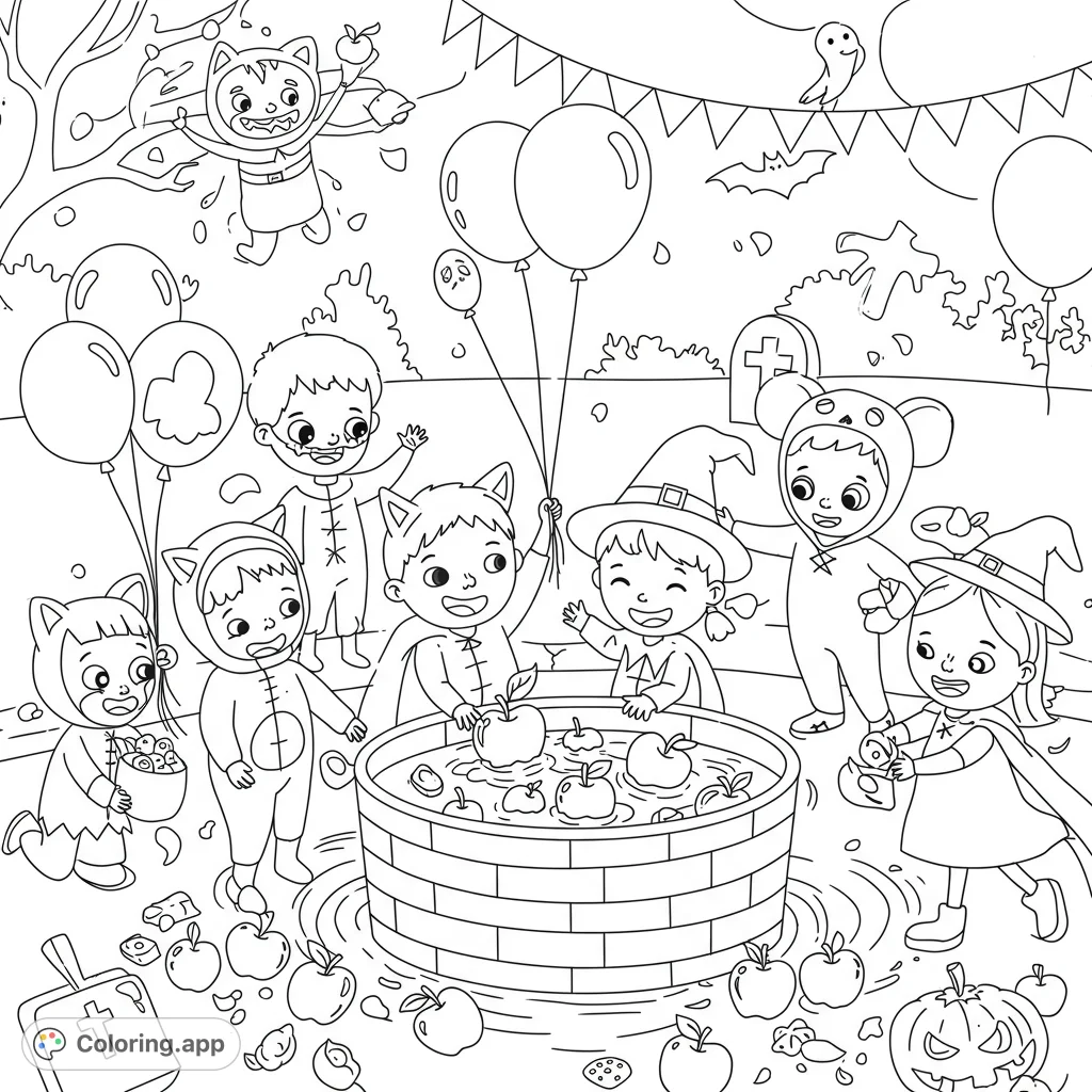 A delightful Halloween party scene with costumed kids apple bobbing, surrounded by festive decorations. Perfect for a fun, free printable coloring page!