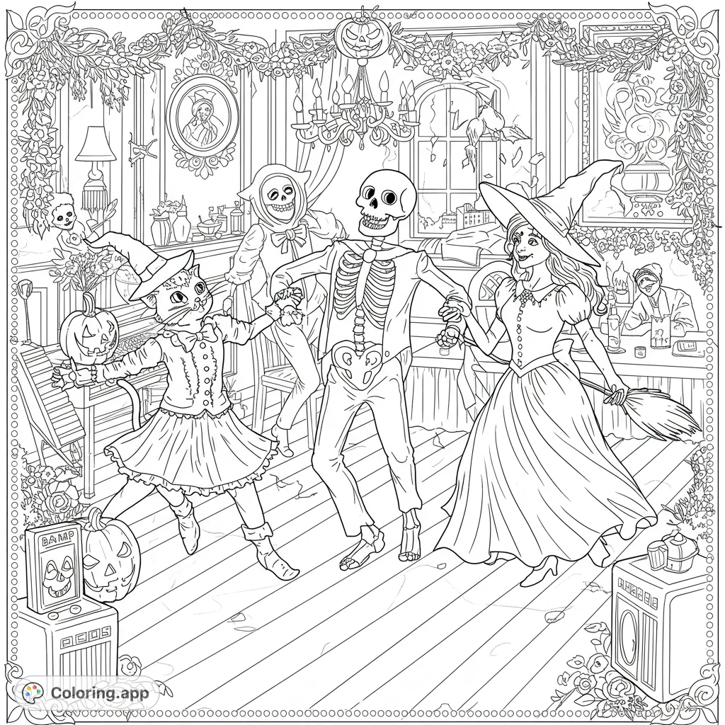 Join a spooky Halloween dance party in a haunted mansion! A skeleton, witch, cat, and hooded figure dance amidst pumpkins and eerie decor.