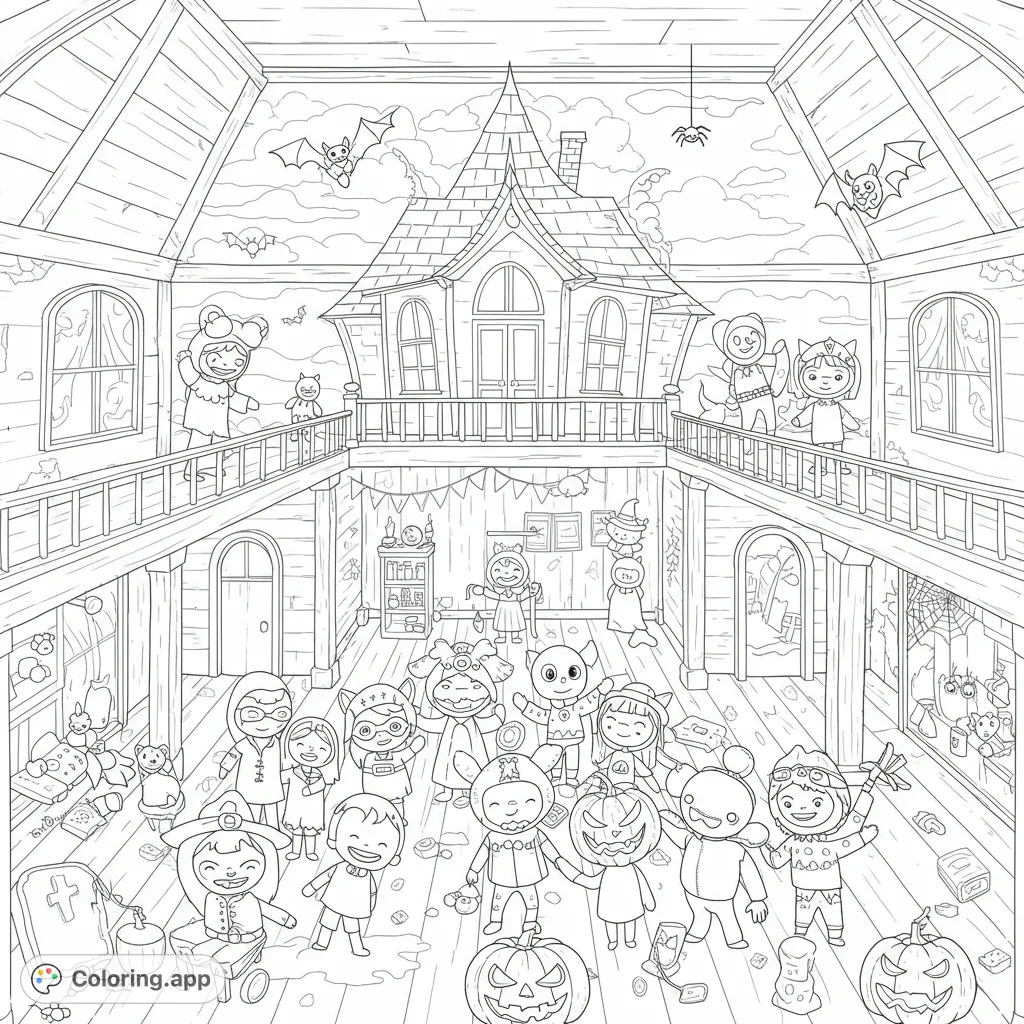 Join a fun Halloween haunted house party! Kids in costumes, spooky decorations, and playful bats fill this exciting free printable coloring page.