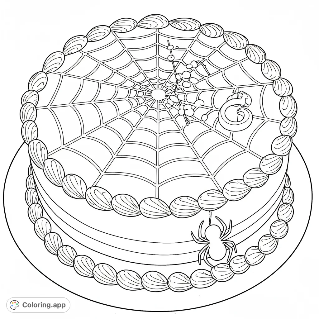 A festive Halloween cake coloring page featuring a detailed spiderweb on top, adorned with a dangling spider and decorative frosting borders. Perfect for spooky fun!