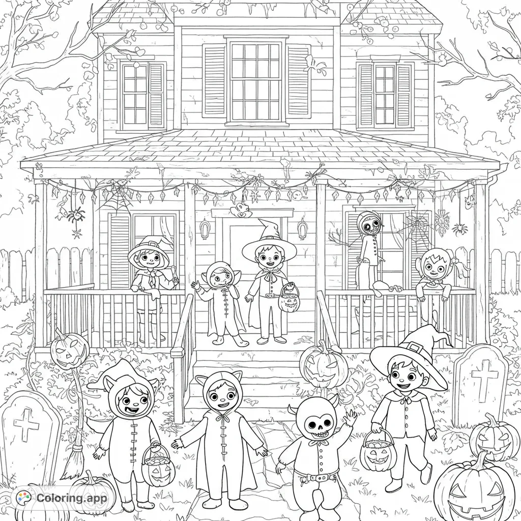 Adorable costumed kids trick-or-treating at a spooky Halloween house, surrounded by pumpkins and gravestones. A fun, free printable coloring page!