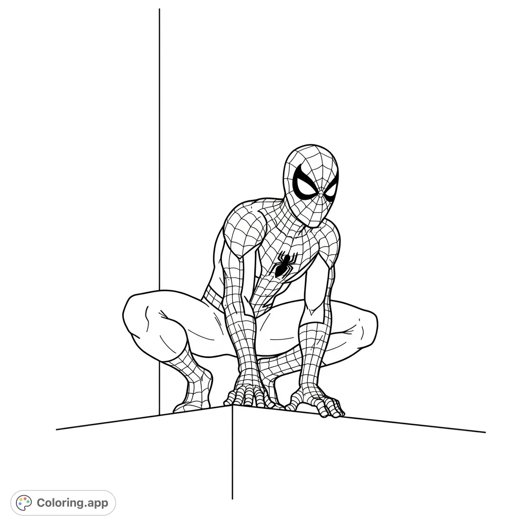 Dynamic Spider-Man coloring page featuring the hero poised on a narrow ledge, ready for action. A thrilling scene for fans of all ages.