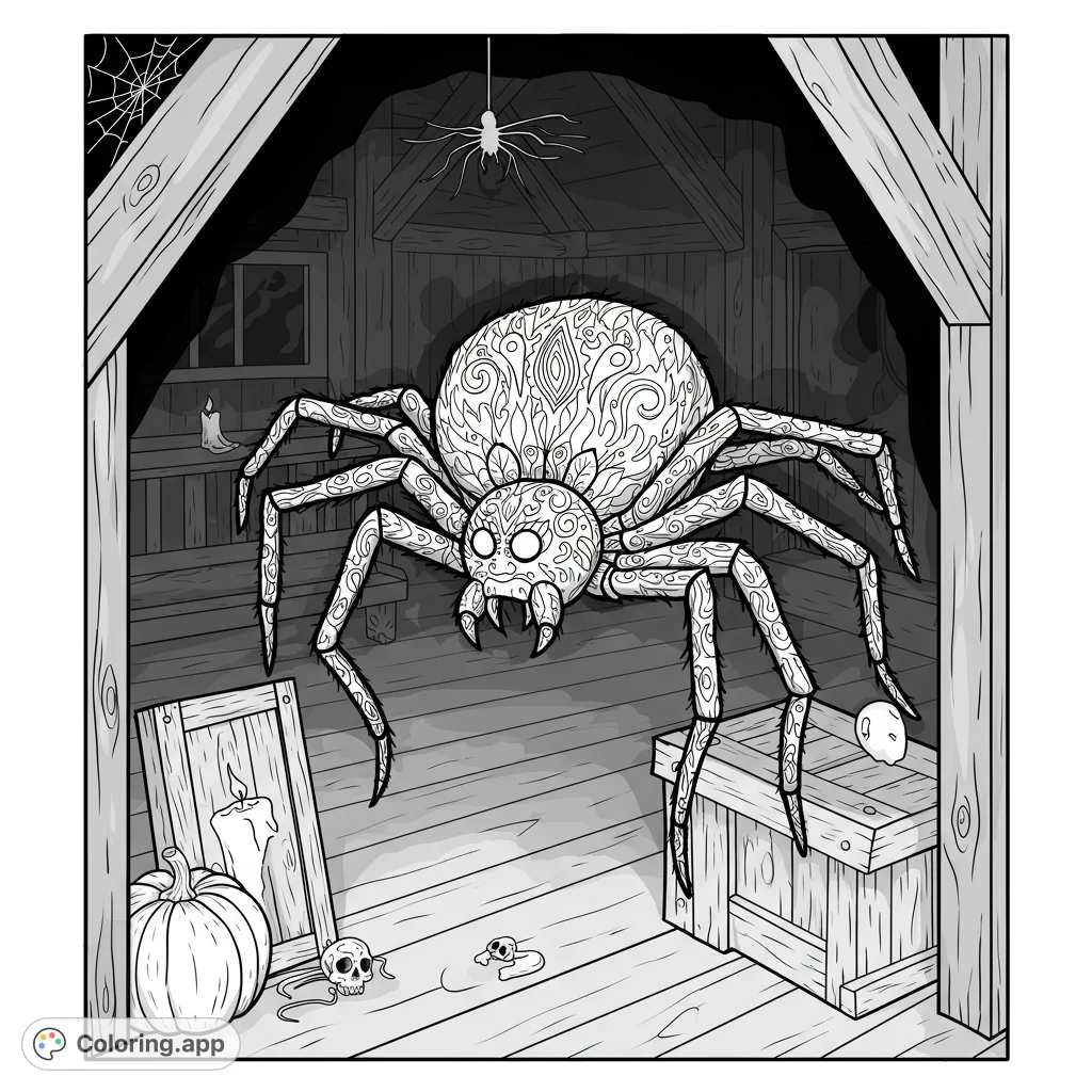 Unleash your creativity with this intricate spider coloring page! A detailed, patterned spider lurks in a spooky attic, perfect for Halloween fun.