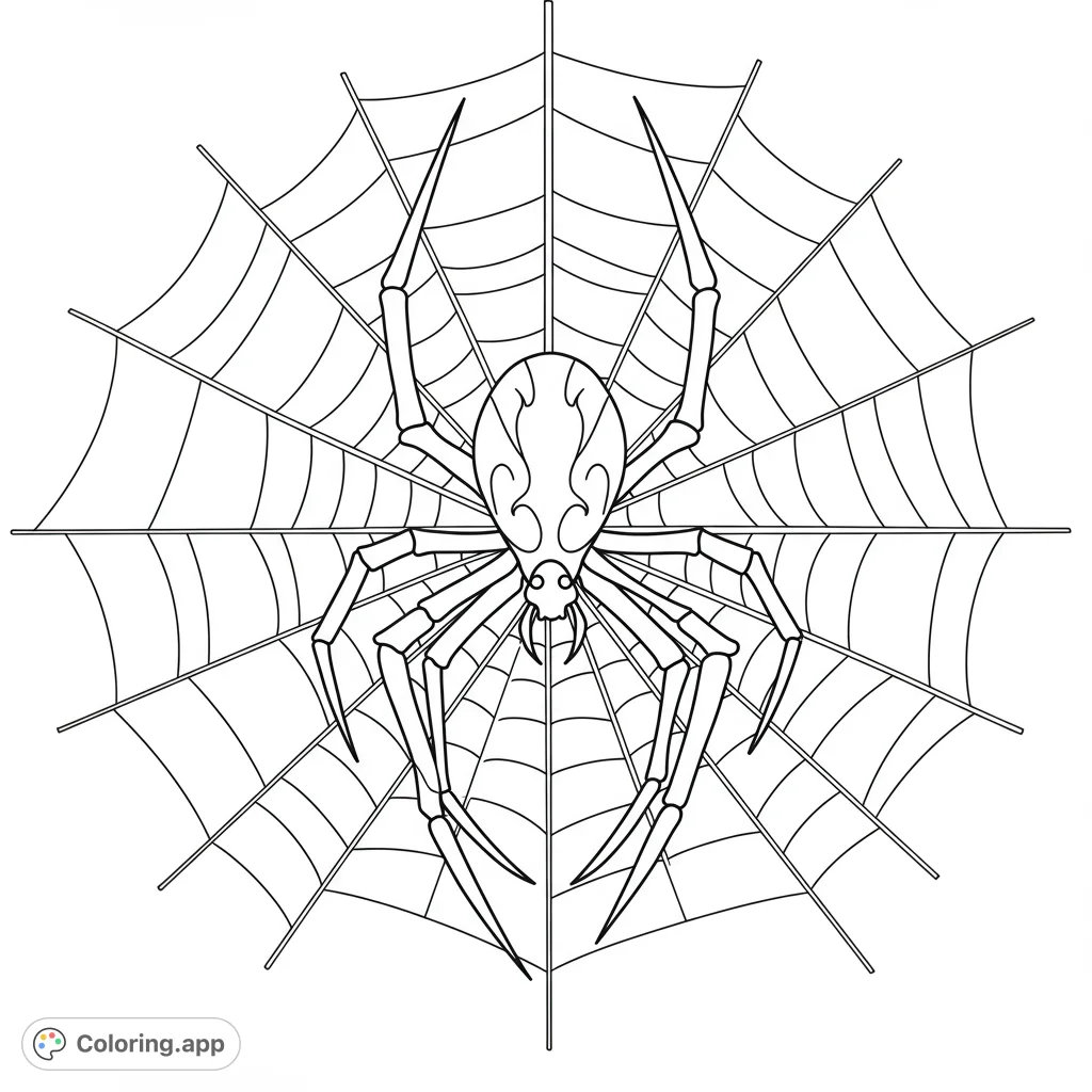 An intricate spider coloring page featuring a detailed arachnid centered on a symmetrical, expansive web. Perfect for nature enthusiasts and Halloween fun!