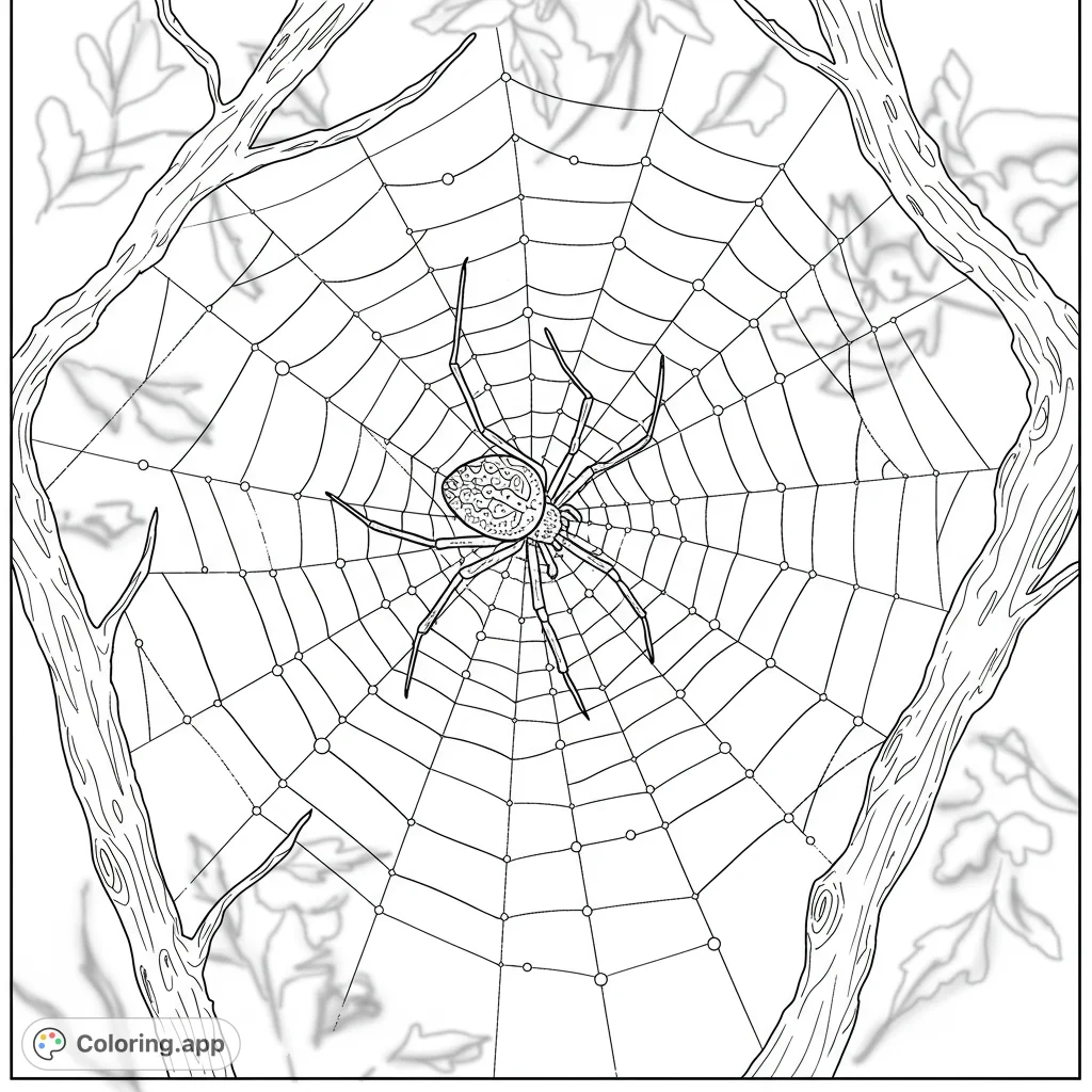 Discover a detailed spiderweb coloring page featuring a large, textured spider and glistening dew drops. Perfect for nature enthusiasts and intricate design lovers.