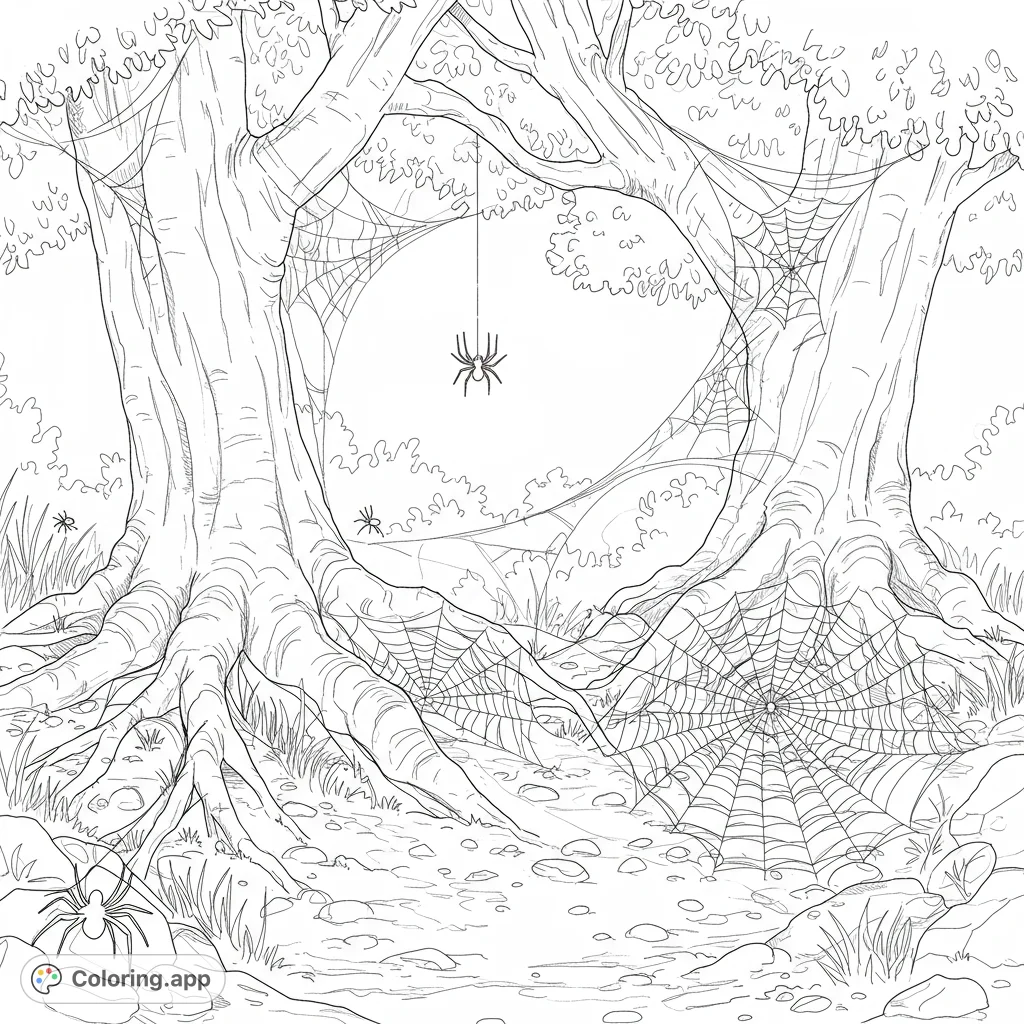 Explore a detailed spiderweb coloring page featuring delicate, layered webs with tiny spiders nestled among the gnarled roots of an ancient tree, bathed in dappled light.