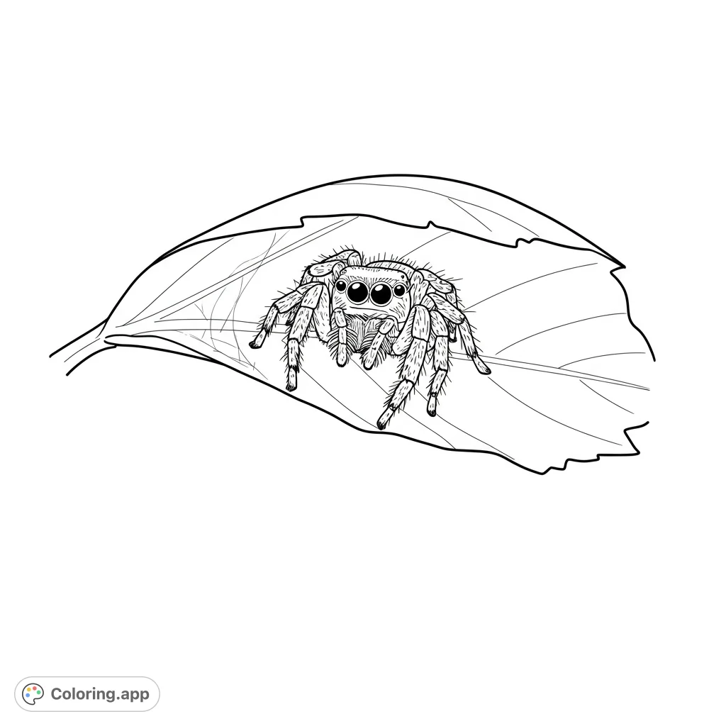 Discover a detailed jumping spider perched on a silken patch beneath a textured leaf. An intricate nature scene for focused coloring.