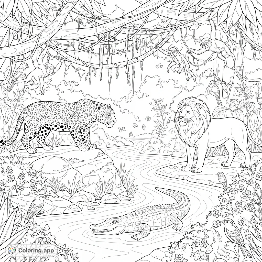 Explore a dynamic jungle river scene featuring a powerful leopard, proud lion, mischievous monkeys, a watchful alligator, and vibrant birds. A detailed adventure awaits!