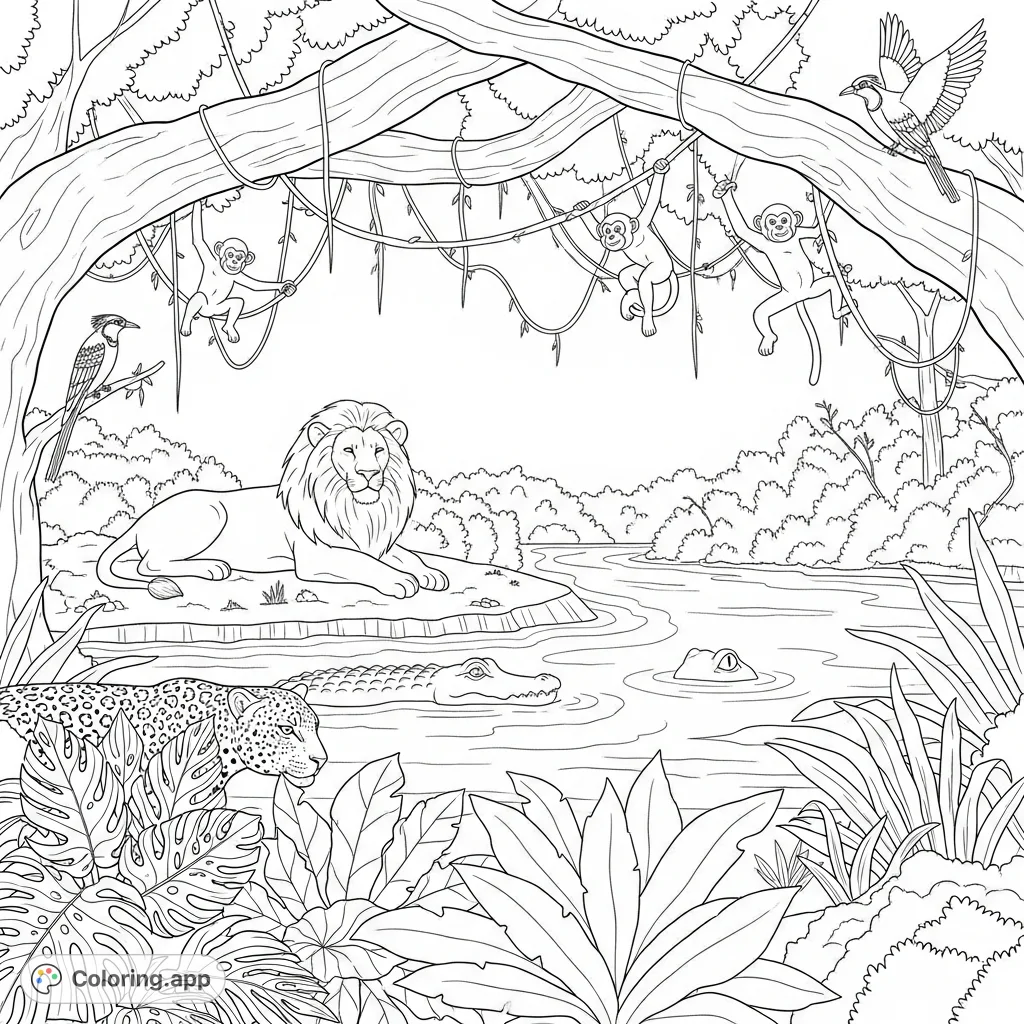 Explore a vibrant jungle river scene featuring a resting lion, an alligator, playful monkeys, and a stealthy leopard among lush foliage and soaring birds.