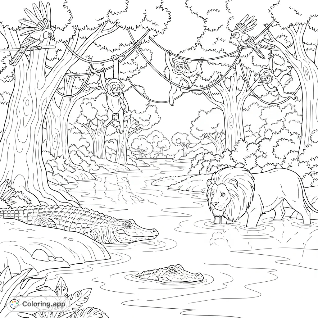 Discover a vibrant jungle river scene featuring a lurking alligator, a drinking lion, playful monkeys swinging, and exotic birds perched amongst dense foliage.