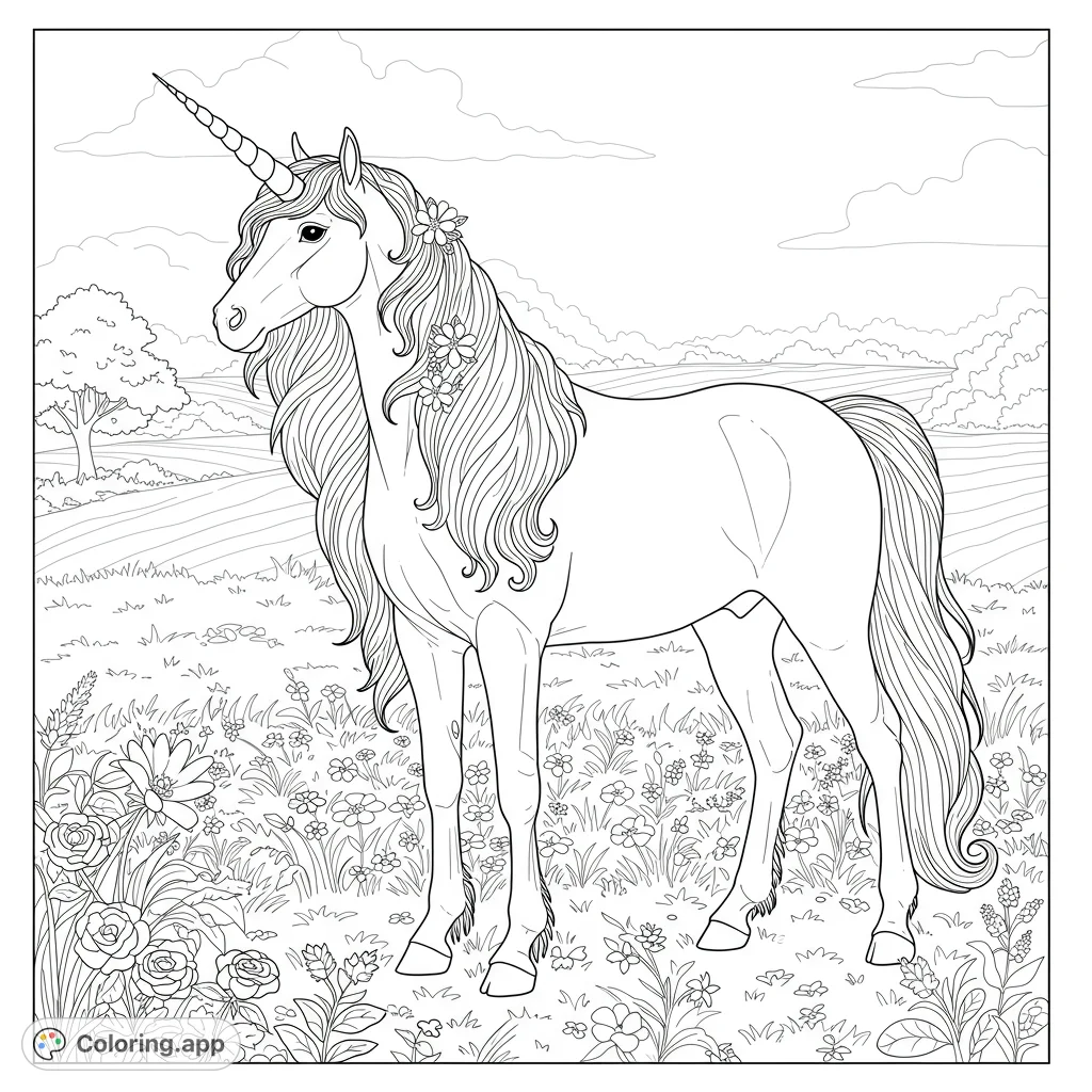 A majestic unicorn stands in a sun-dappled meadow, its flowing mane adorned with wildflowers. A magical fantasy scene for all ages.