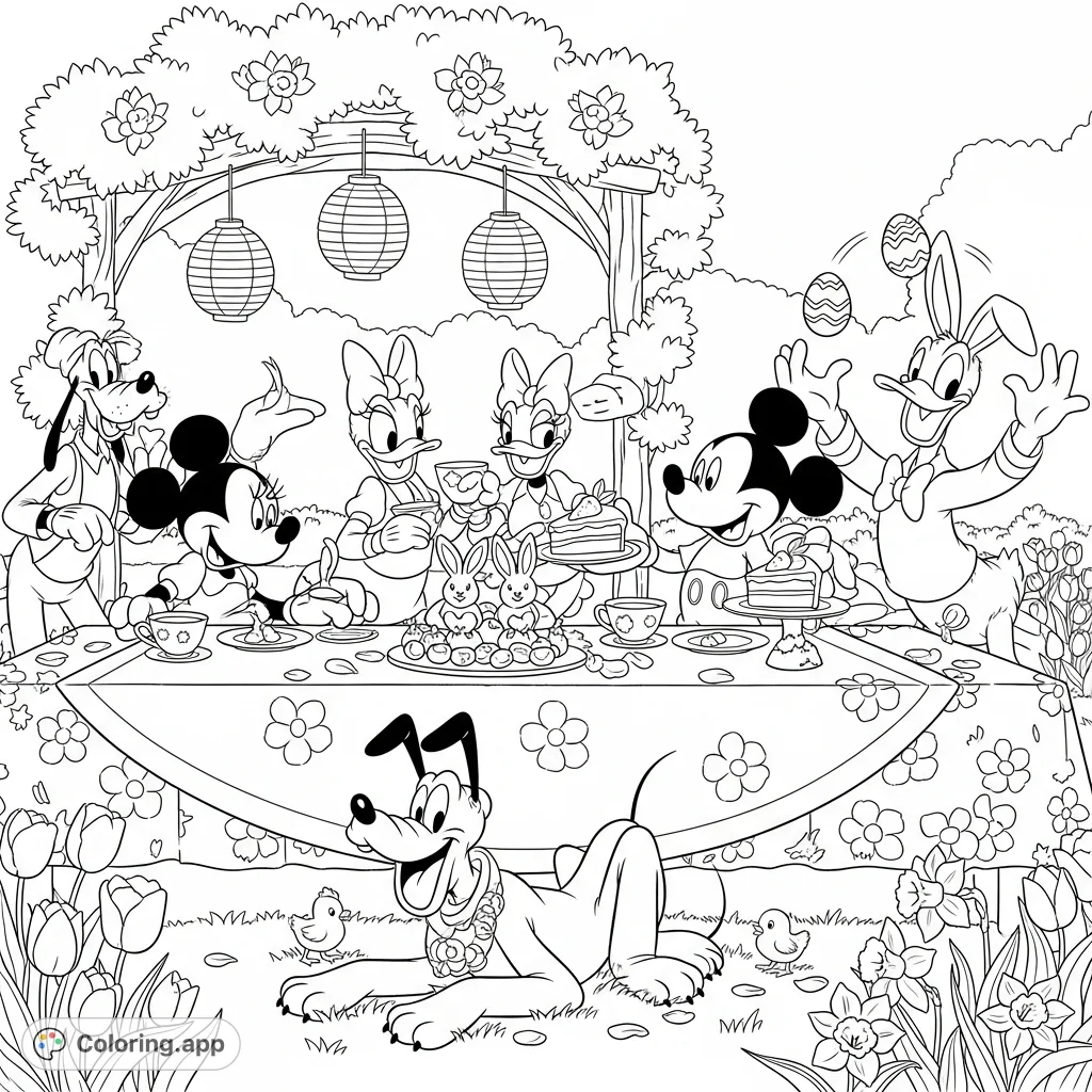 Join Mickey Mouse, Minnie Mouse, and friends at a joyful Easter garden party with chocolate bunnies, carrot cake, and festive egg juggling. A delightful scene!