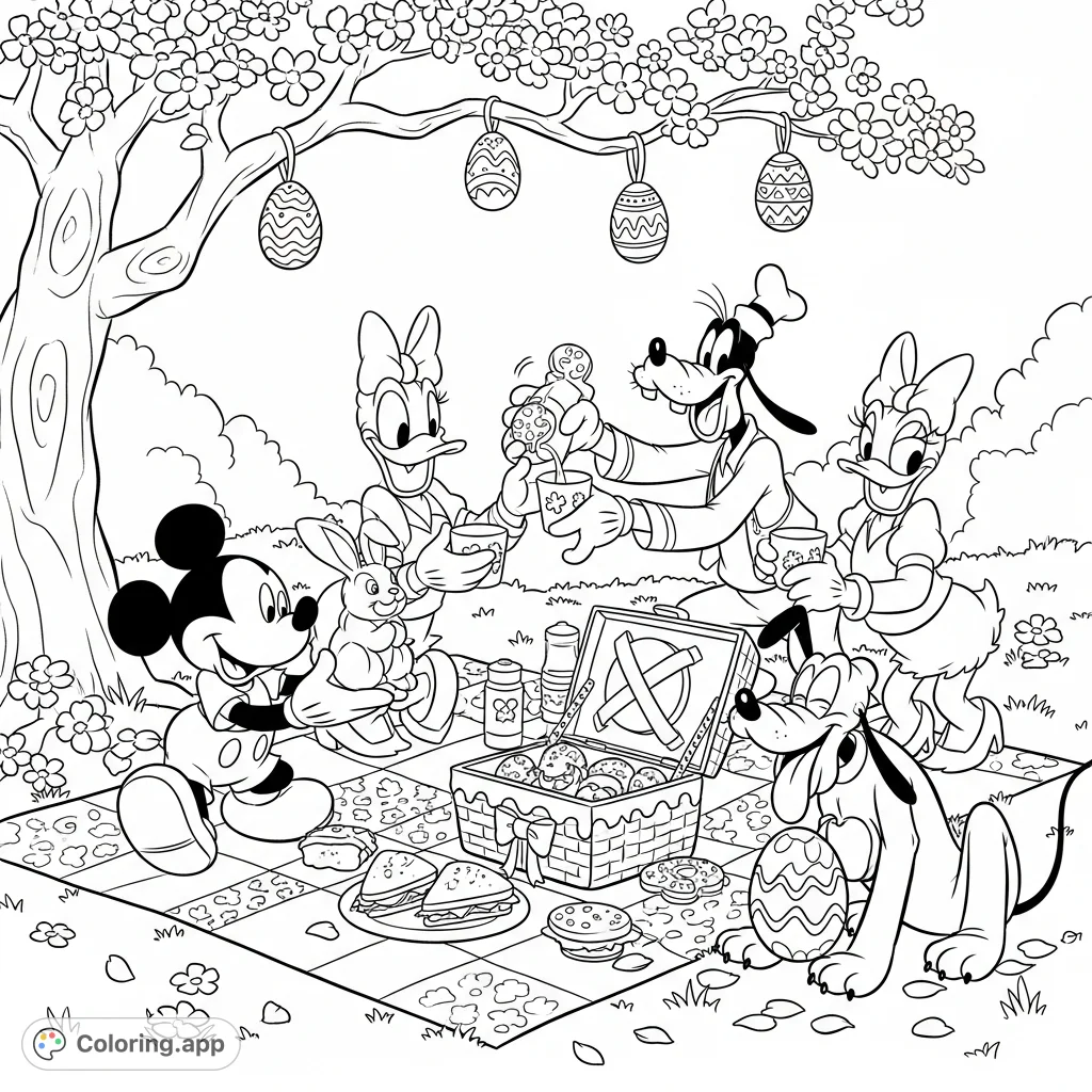 Join Mickey Mouse, Minnie, Donald, Goofy, Daisy, and Pluto for a festive Easter picnic in the park, complete with a blossoming tree, decorated eggs, and treats.