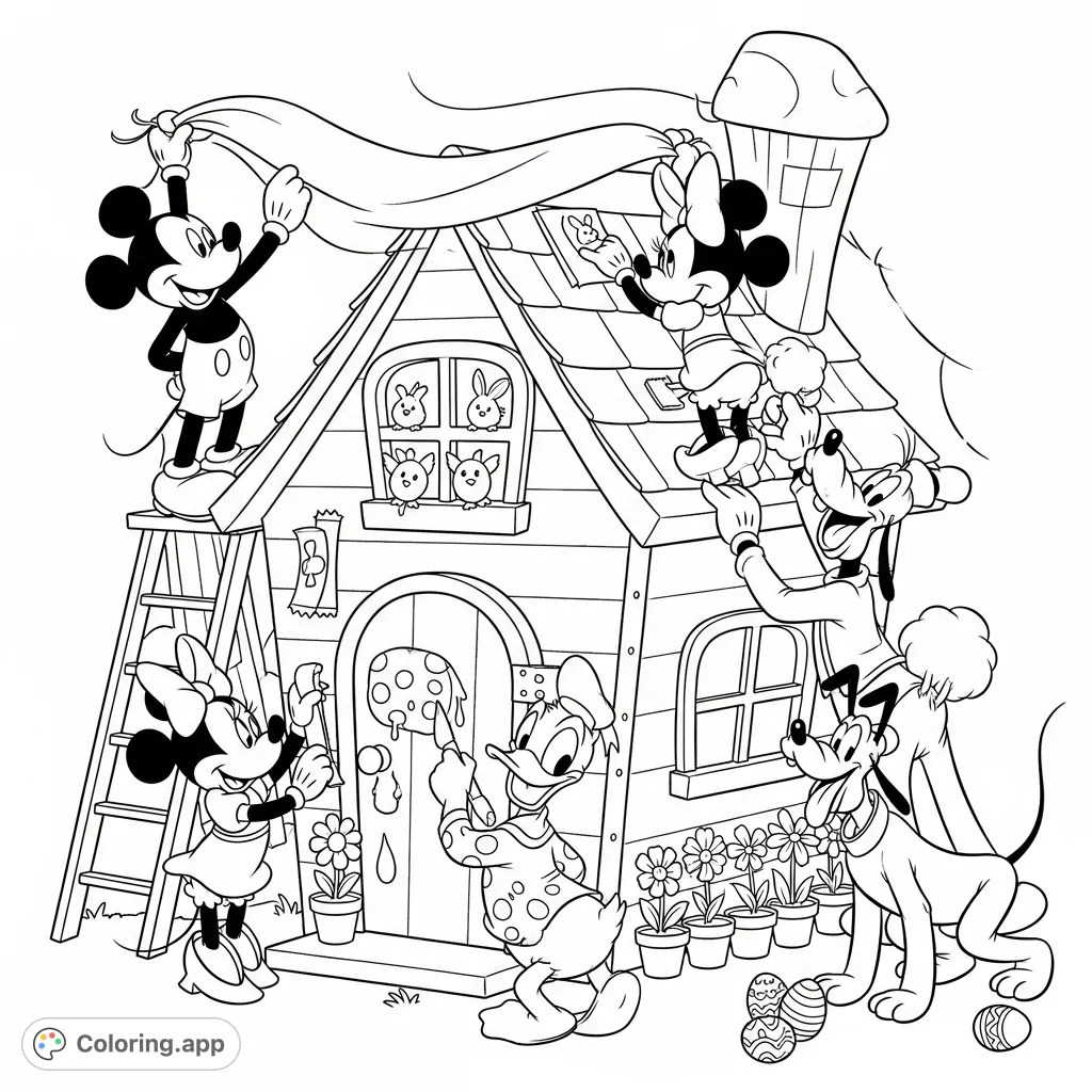 Join Mickey, Minnie, Donald, Goofy, Daisy, and Pluto as they transform a whimsical playhouse into an Easter wonderland, full of joy and playful mischief.