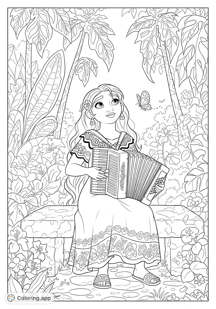 Color Mirabel Madrigal in Casita's enchanted garden, surrounded by exotic plants, magical flowers, and a fluttering butterfly. A detailed Mirabel Madrigal coloring page.