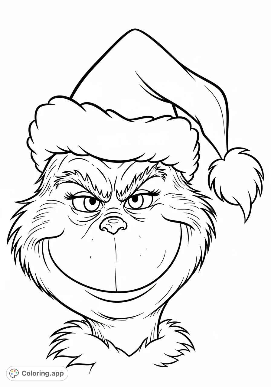 A close-up of the Grinch's mischievous face, featuring his iconic grin and Santa hat. Perfect for holiday coloring fun!