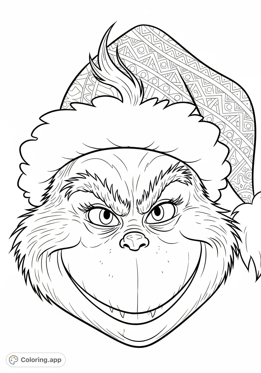 Capture the iconic, grinning face of The Grinch with this detailed coloring page. Perfect for fans looking to bring this classic character to life with color.