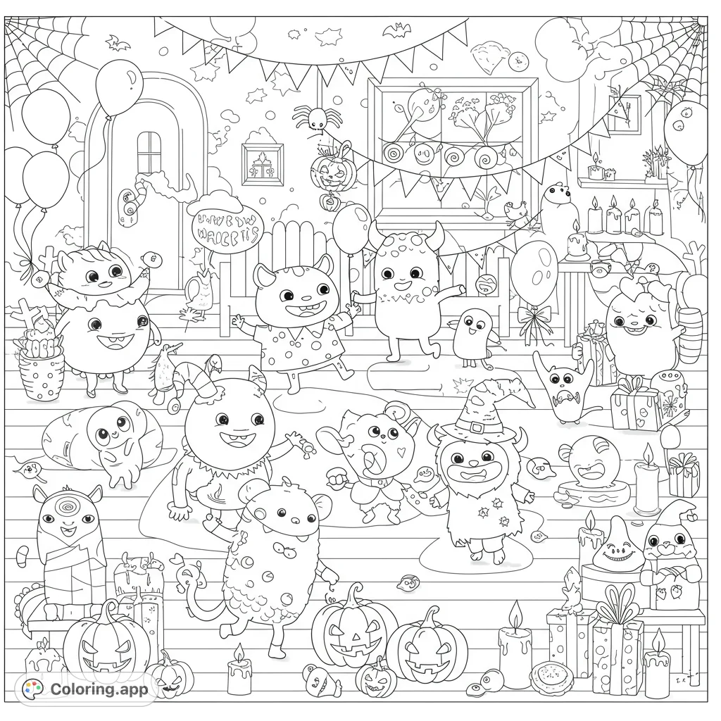 A lively Halloween party with adorable monsters, pumpkins, and festive decorations, perfect for a fun and spooky coloring adventure.