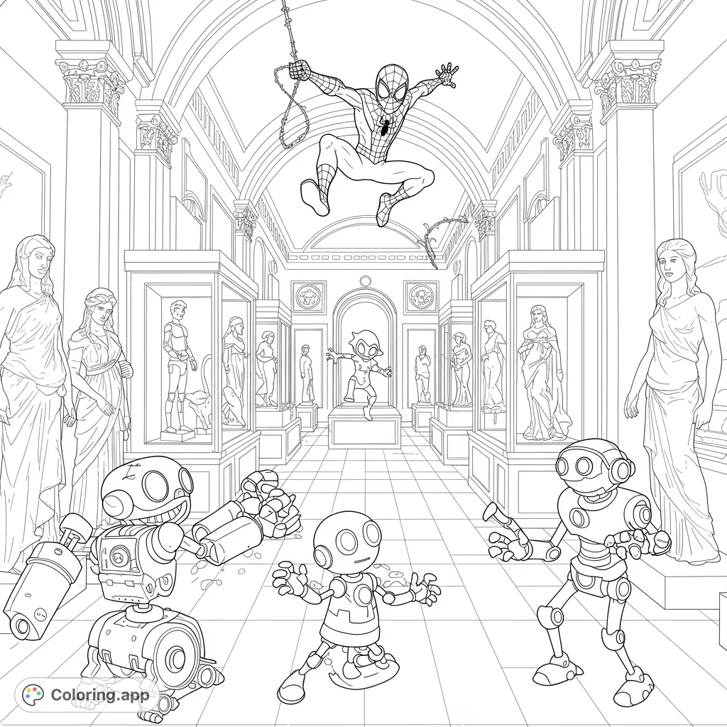 A dynamic superhero team thwarts a robot's museum heist, featuring Young Spidey, Ghost Spider, Spin, and Trace-E in a grand hall.