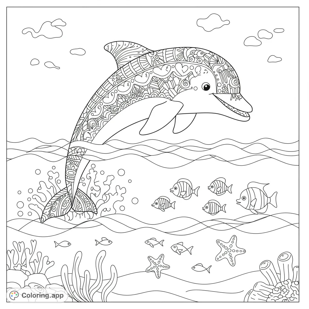 Dive into an enchanting ocean scene featuring a patterned dolphin leaping from waves, surrounded by playful fish and intricate coral. A delightful free printable coloring page.