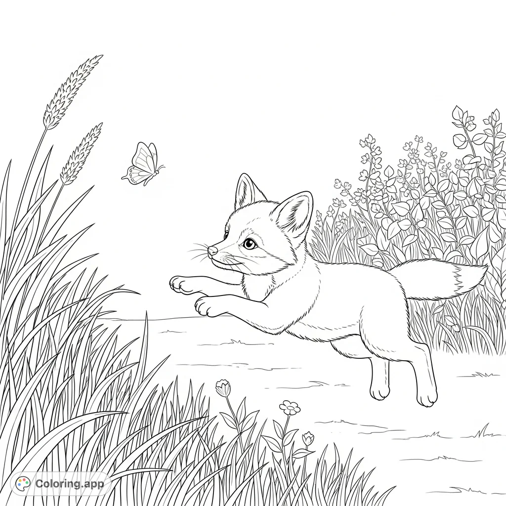 A charming baby fox in mid-pounce, captivated by a fluttering butterfly in a field of swaying grass. An adorable scene for nature lovers to color.