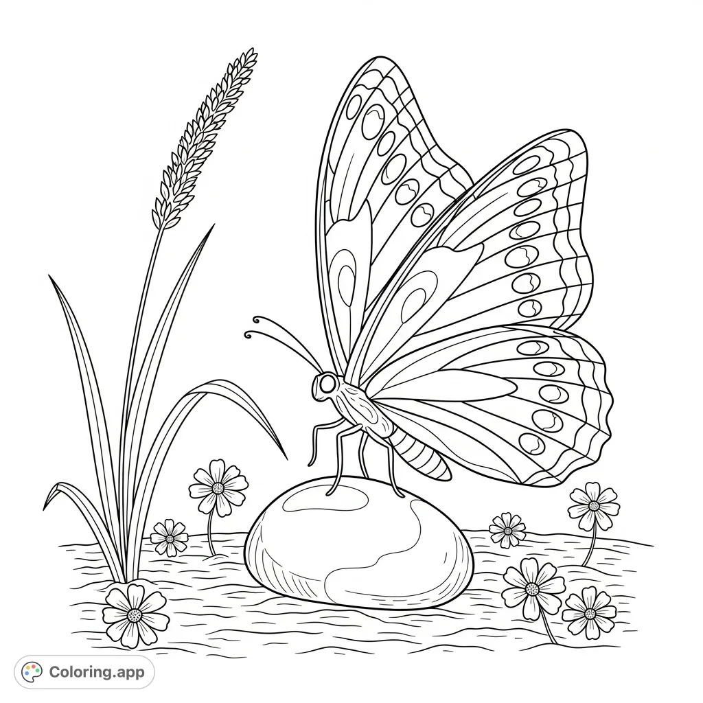 A cheerful butterfly with patterned wings hovers above a smooth pebble, surrounded by delicate grass and scattered wildflowers. A delightful nature scene.