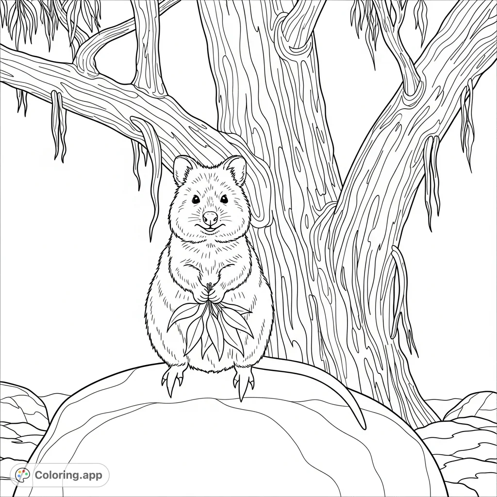 Discover a delightful quokka perched on a smooth rock, enjoying a snack under a clear sky, with an ancient eucalyptus tree in the background.
