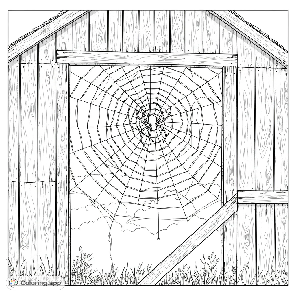 Discover a detailed spiderweb on a rustic barn, featuring a prominent spider and intricate threads. A captivating nature scene for all ages.