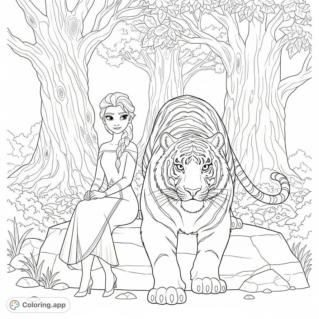 A captivating fantasy coloring page featuring Elsa in a serene pose, protected by a loyal, watchful tiger amidst ancient trees. Perfect for fans of fantasy and nature.