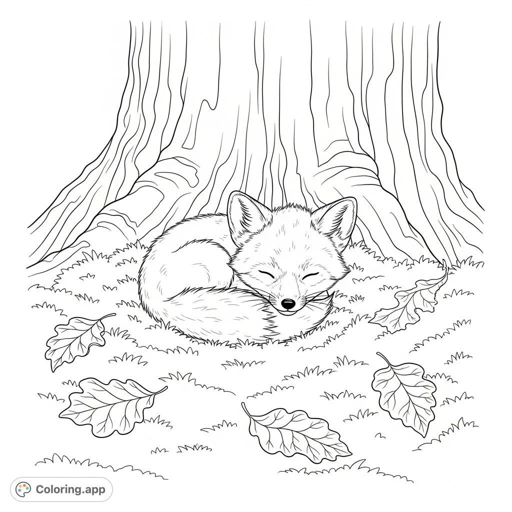 A peaceful baby fox naps curled in a tree hollow, surrounded by soft moss and intricately patterned leaves. A heartwarming forest scene for mindful coloring.