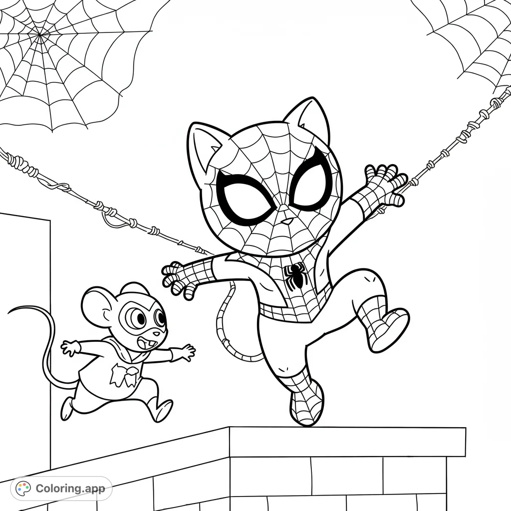 Join Spider-Cat and Mouse-Hero on a thrilling rooftop adventure! A dynamic, action-packed scene perfect for superhero fans of all ages.