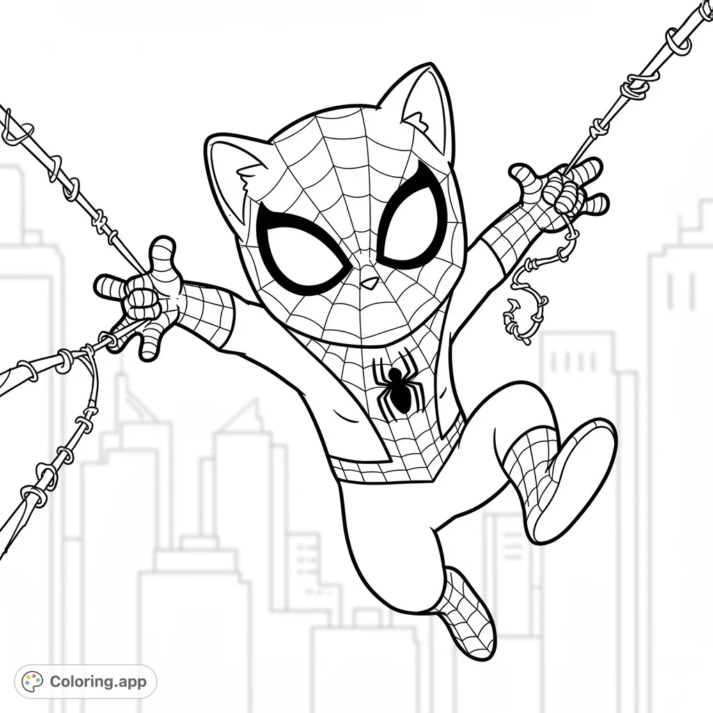 An adorable Spider-Cat swings heroically through a city, ready for action. A free printable superhero cat coloring page for all ages.