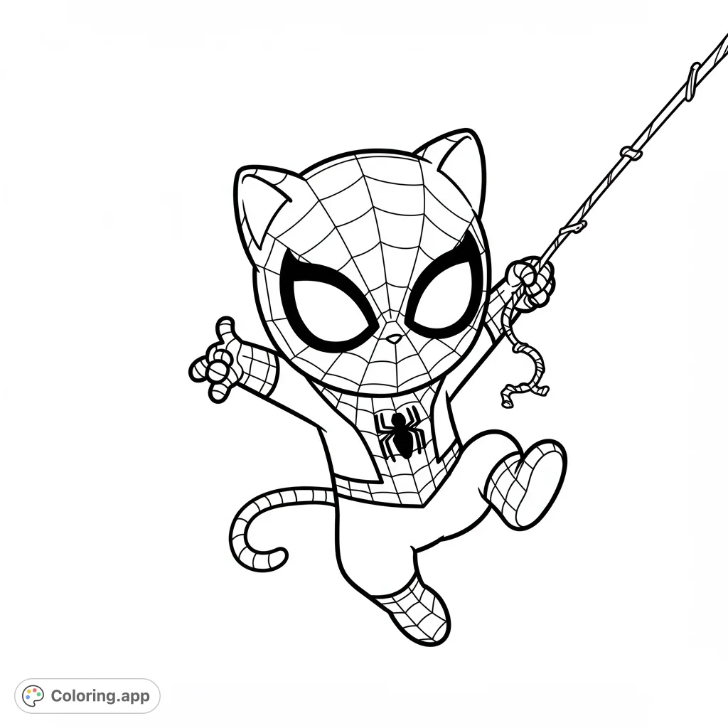 Swing into action with this adorable Spider-Cat coloring page! A free printable superhero cat coloring page for kids and adults, featuring a cute web-slinging hero.