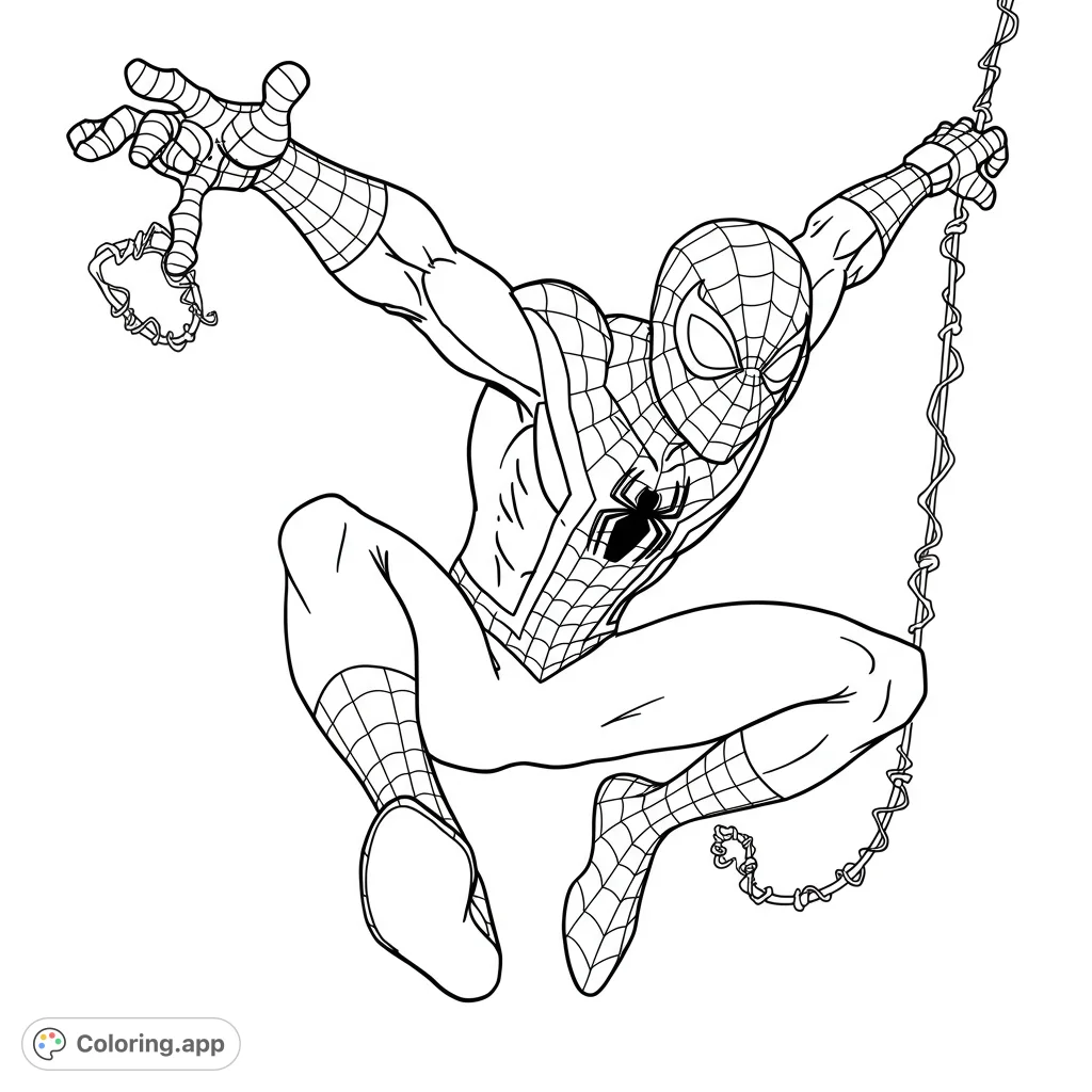 Dynamic Spider-Man coloring page featuring the iconic hero mid-leap, web-slinging. Perfect free printable superhero coloring page for kids and adults!