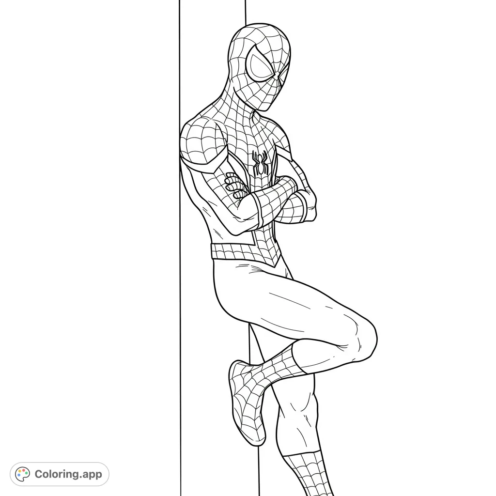 Capture the iconic web-slinger in a relaxed pose against a plain wall. A dynamic Spider-Man coloring page for fans of all ages.