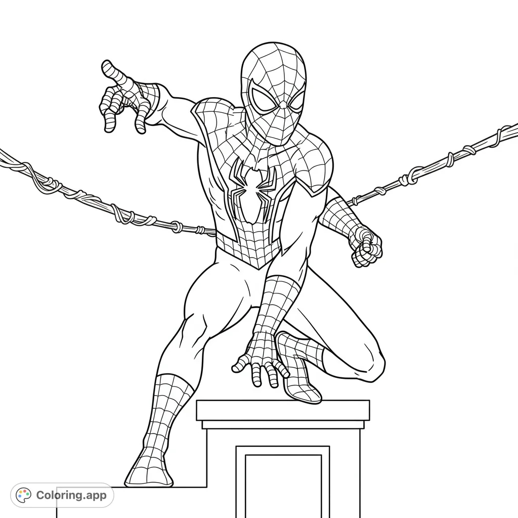 Dynamic Spider-Man superhero coloring page. Features iconic web-slinger in action pose on platform with web lines.