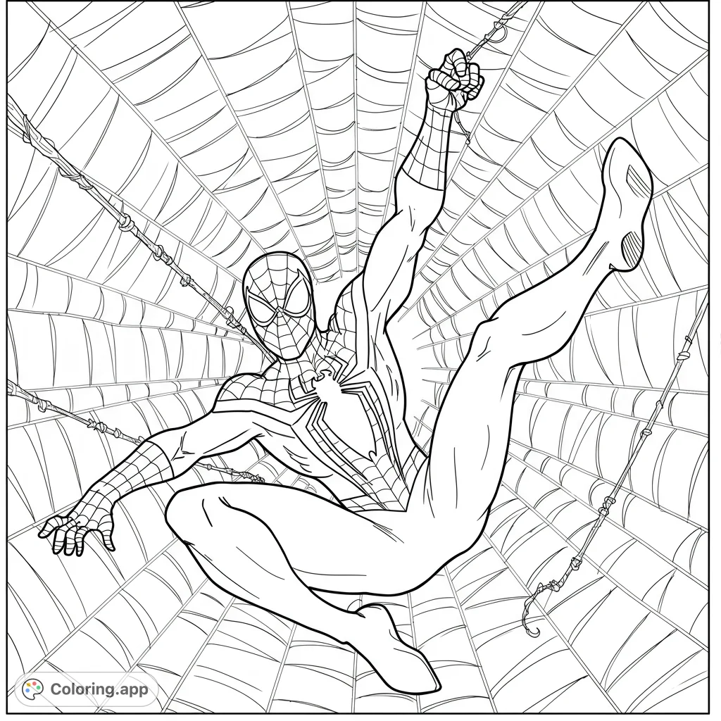 Dynamic Spider-Man superhero coloring page swinging through a detailed web, perfect for fans of action and adventure. Free printable for all ages!