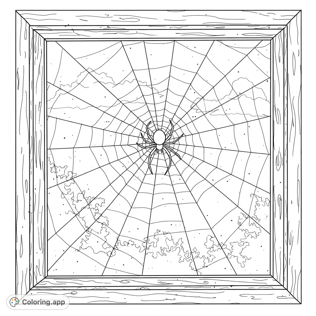 Discover a detailed spider resting on its intricate web, stretched across an old window frame. A captivating scene for mindful coloring.