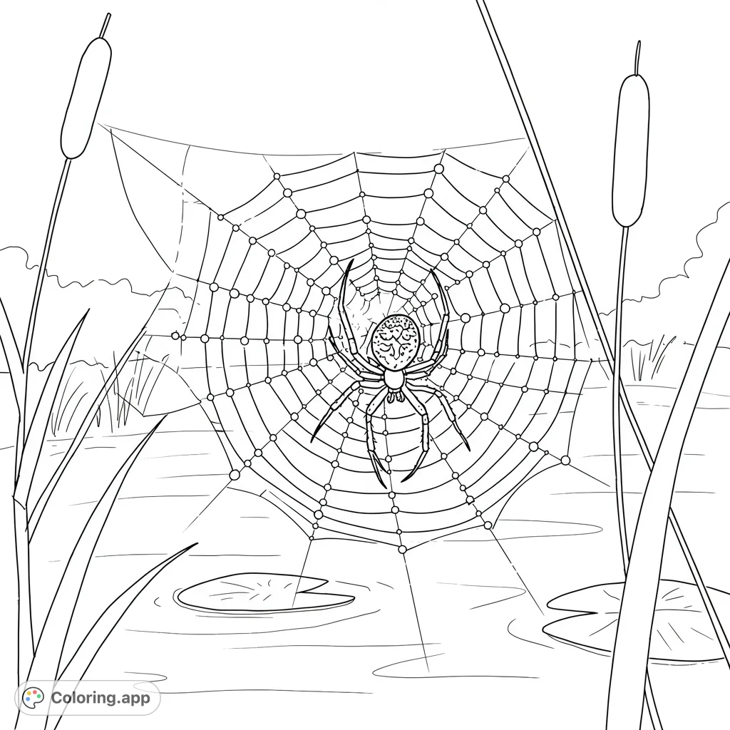 Discover a resilient spider clinging to its intricate web, laden with countless shimmering droplets. A serene pond background adds depth to this detailed nature scene.