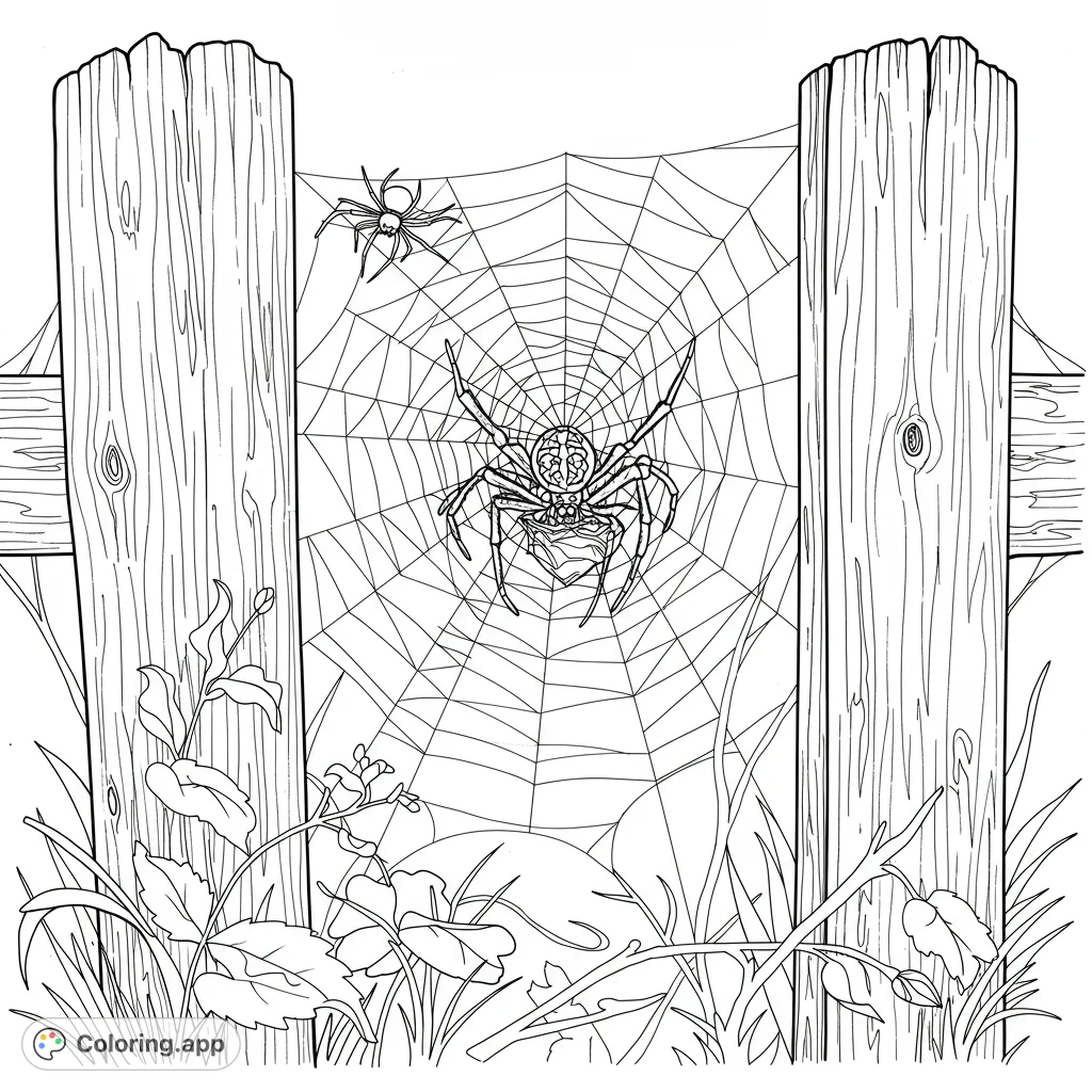 Explore a detailed spider coloring page featuring a nimble spider wrapping an insect in its intricate web, set between weathered fence posts. A free printable nature scene.