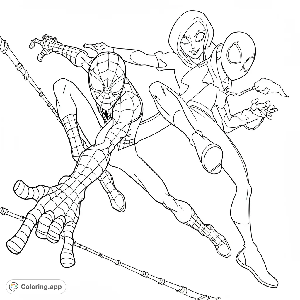 Experience the thrilling teamwork of Young Spidey, Ghost Spider, Spin, and Trace-E in this dynamic close-up action scene, ready for your creative touch!