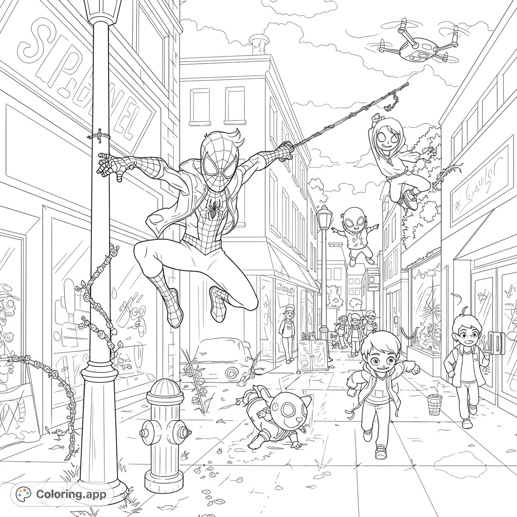 Join Young Spidey and friends in a thrilling urban chase! This dynamic coloring page features web-slingers, a drone, and a bustling city street.