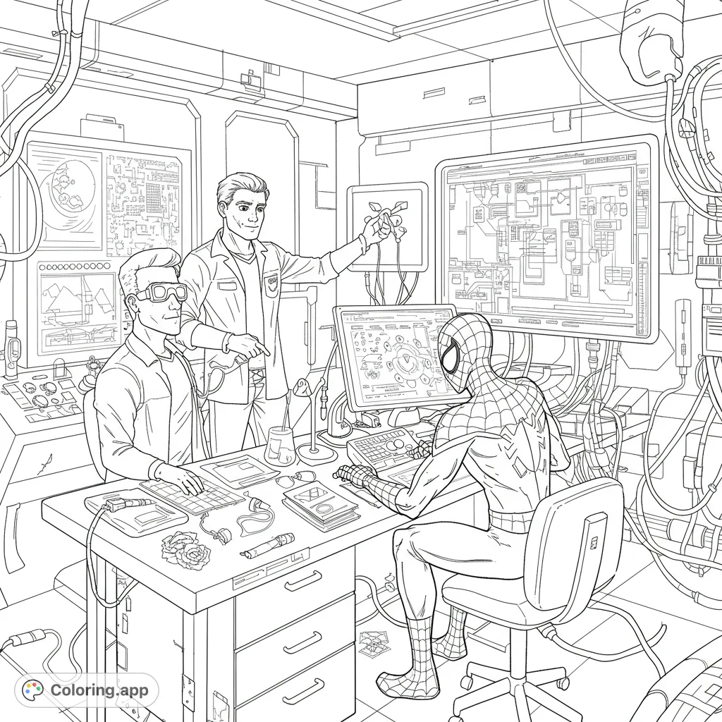 Join Spidey and friends in a high-tech lab, exploring complex machinery and schematics. A thrilling adventure for young inventors!