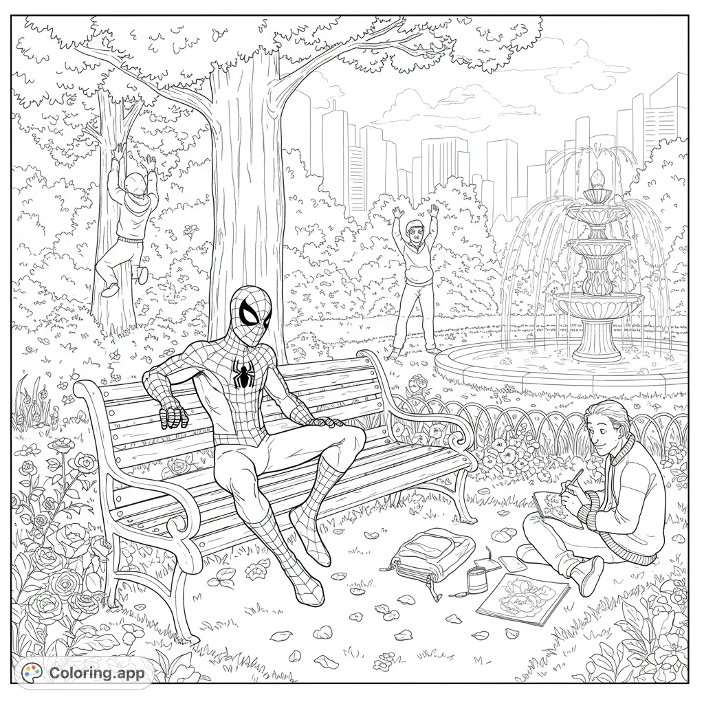 Spidey and friends relax in a city park, with one on a bench, another climbing a tree, and a third sketching. A serene scene for coloring.