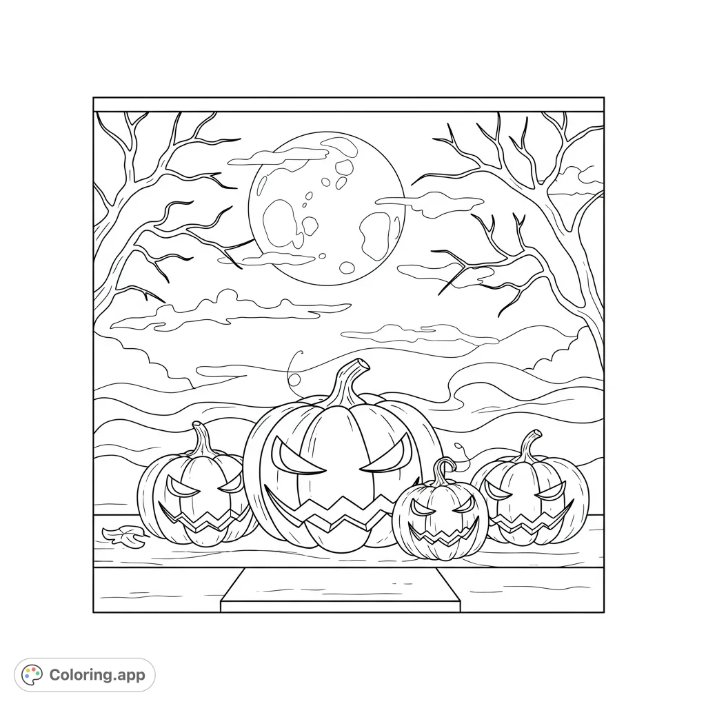 A spooky Halloween coloring page featuring four carved jack-o'-lanterns under a full moon with bare trees and misty clouds. Perfect for festive fun!